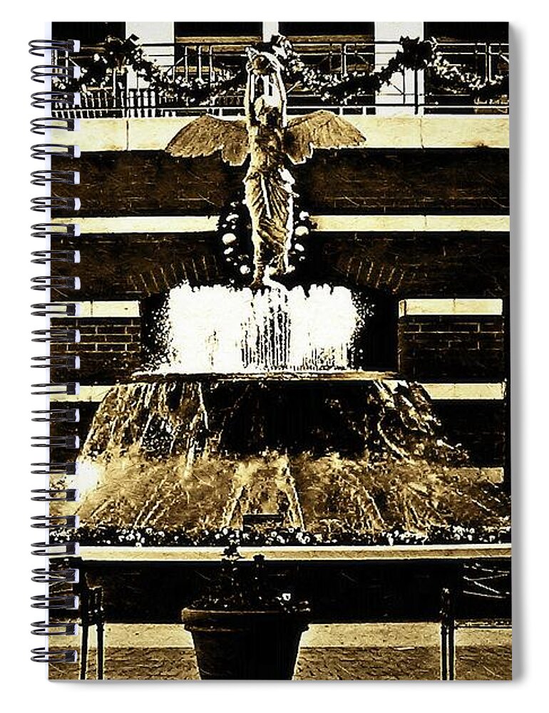 Sepia Spiral Notebook featuring the photograph The Sepia Angel of Flight Fountain by Aberjhani
