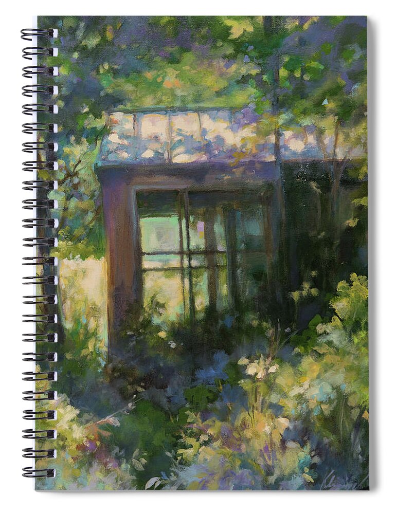 Field Spiral Notebook featuring the painting The Shed's Secrets by Carol Klingel