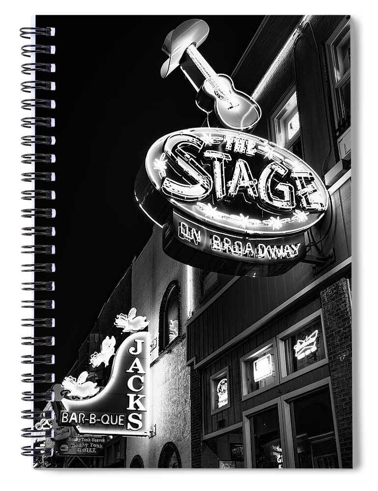 Nashville Tennessee Spiral Notebook featuring the photograph The Stage on Broadway in Black and White - Nashville by Gregory Ballos