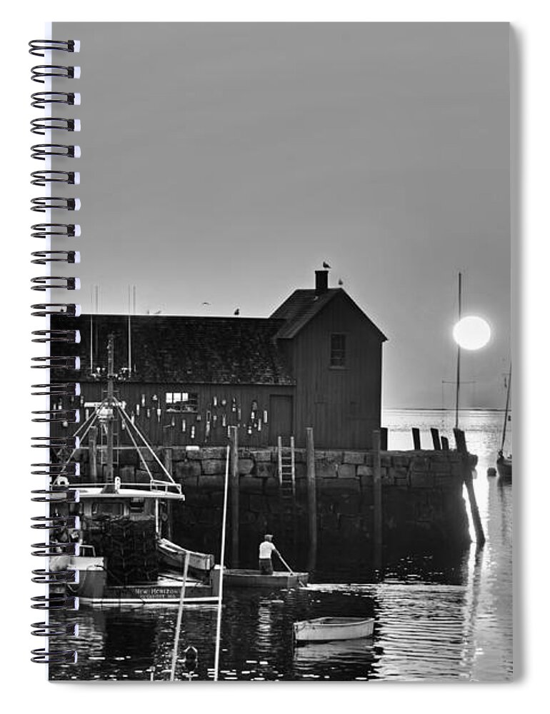 Rockport Spiral Notebook featuring the photograph The sun rising by motif number 1 in Rockport MA Bearskin neck Black and White by Toby McGuire