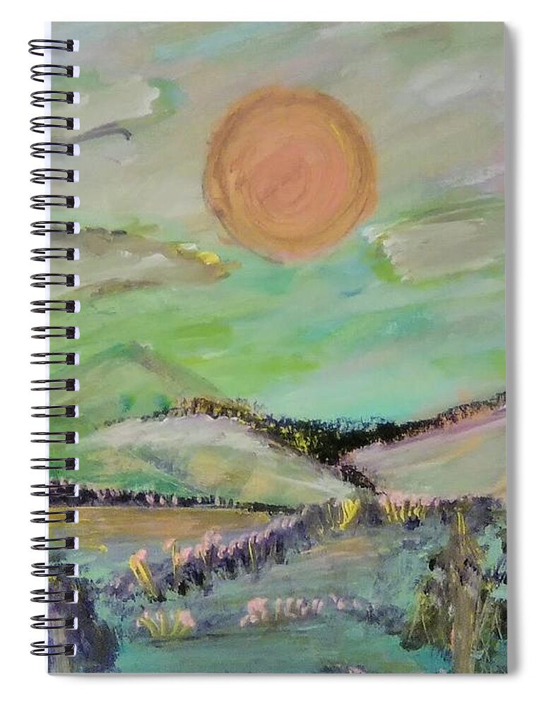 Sunsets Spiral Notebook featuring the painting The Sun Sets on Pastel Mountain by Andrew Blitman