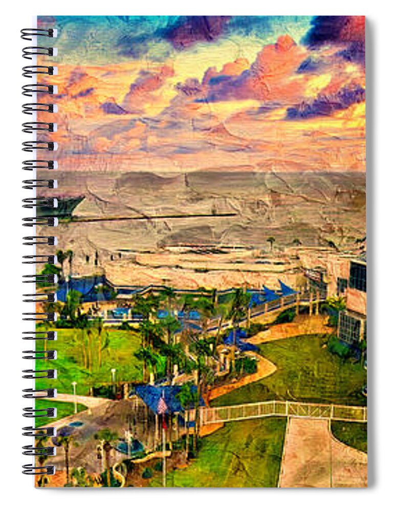 Texas State Aquarium Spiral Notebook featuring the digital art The Texas State Aquarium and USS Lexington Museum in Corpus Christi at sunset by Nicko Prints