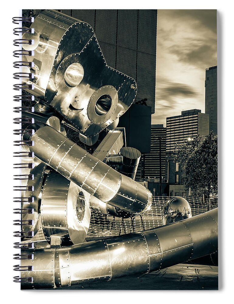 Dallas Traveling Man Spiral Notebook featuring the photograph The Traveling Man - Waiting on A Train - Deep Ellum Texas Sepia by Gregory Ballos