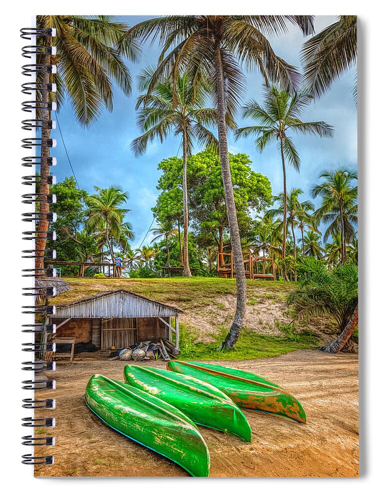 African Spiral Notebook featuring the photograph Three Canoes on the Beach by Debra and Dave Vanderlaan