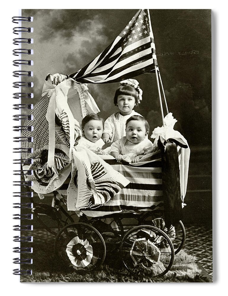 American Flag Spiral Notebook featuring the painting Three children in a wicker baby carriage with an American flag by American History