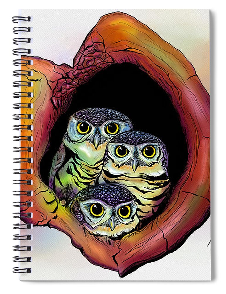 Wildlife Spiral Notebook featuring the digital art Three Owls by Norman Klein