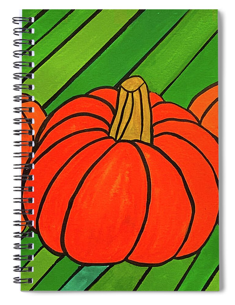 Fall Spiral Notebook featuring the mixed media Three Pumpkins by Lisa Neuman
