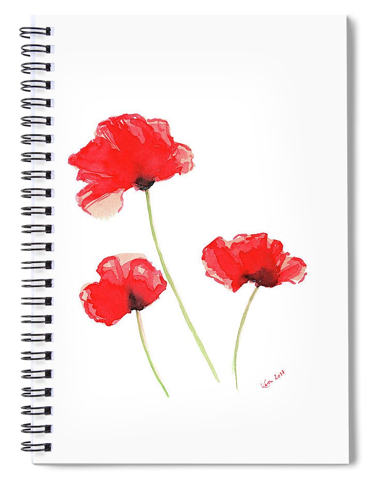 Poppy Spiral Notebook featuring the painting Three red poppies by Karen Kaspar