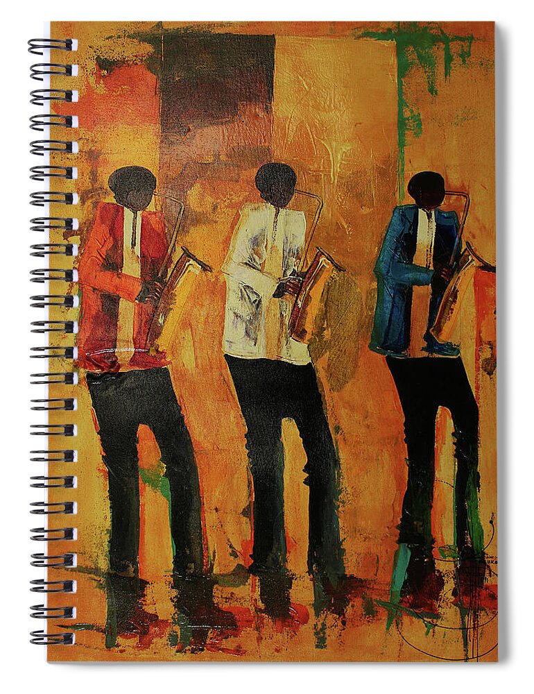  Spiral Notebook featuring the painting Three Saxo's In Time by Ndabuko Ntuli