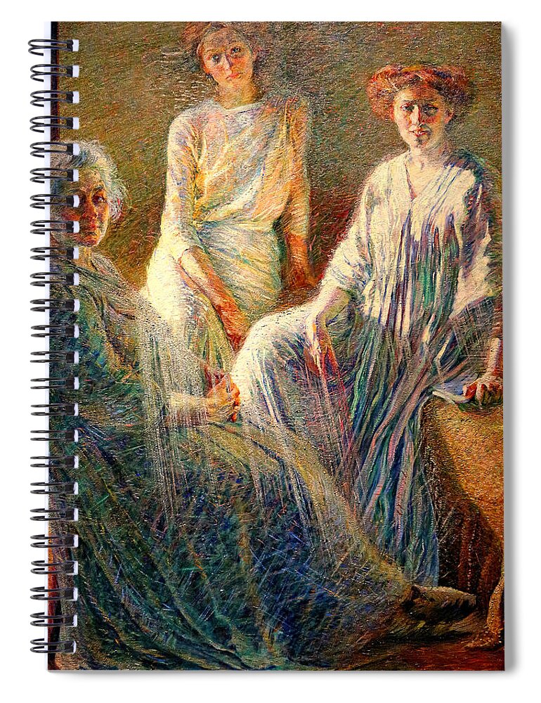 Three Women Spiral Notebook featuring the digital art Three Women by Umberto Boccioni - digital enhancement by Nicko Prints