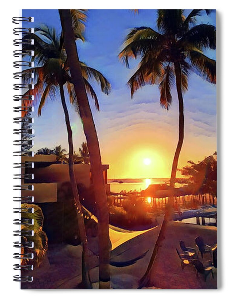 Key Largo Moon Bay Golden Glow Sunset Dock Boat Water Peace Serenity Happiness Blue Sky Palm Trees Reflections Eileen Kelly Artistic Aftermath Live Love Light Horizon Hope Art Artist Canvas Prints Grateful Spiral Notebook featuring the digital art Through the Palms by Eileen Kelly