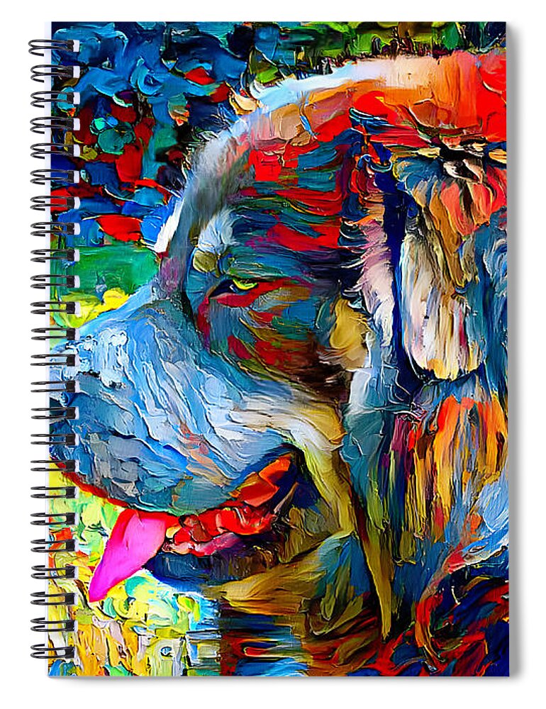 Tibetan Mastiff Spiral Notebook featuring the digital art Tibetan Mastiff dog sitting profile with its mouth open - colorful palette knife oil texture by Nicko Prints