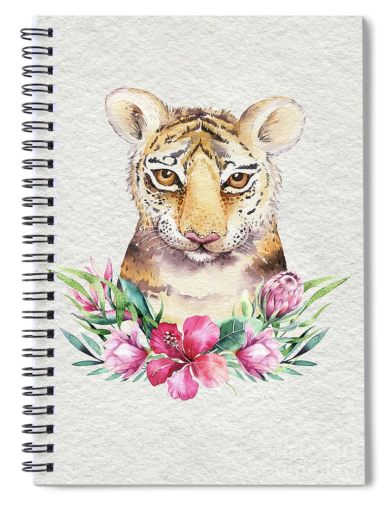 Tiger With Flowers Spiral Notebook featuring the painting Tiger With Flowers by Nursery Art