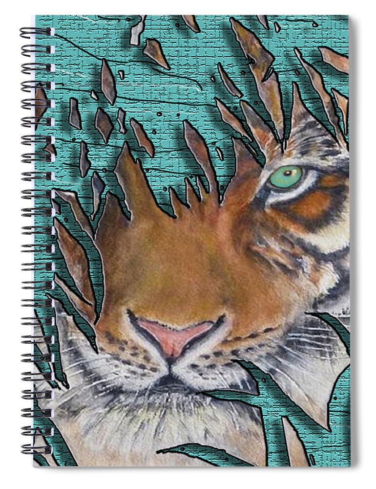 Lurking Tiger Spiral Notebook featuring the mixed media Tiger's Gone to Pieces No.2 by Kelly Mills
