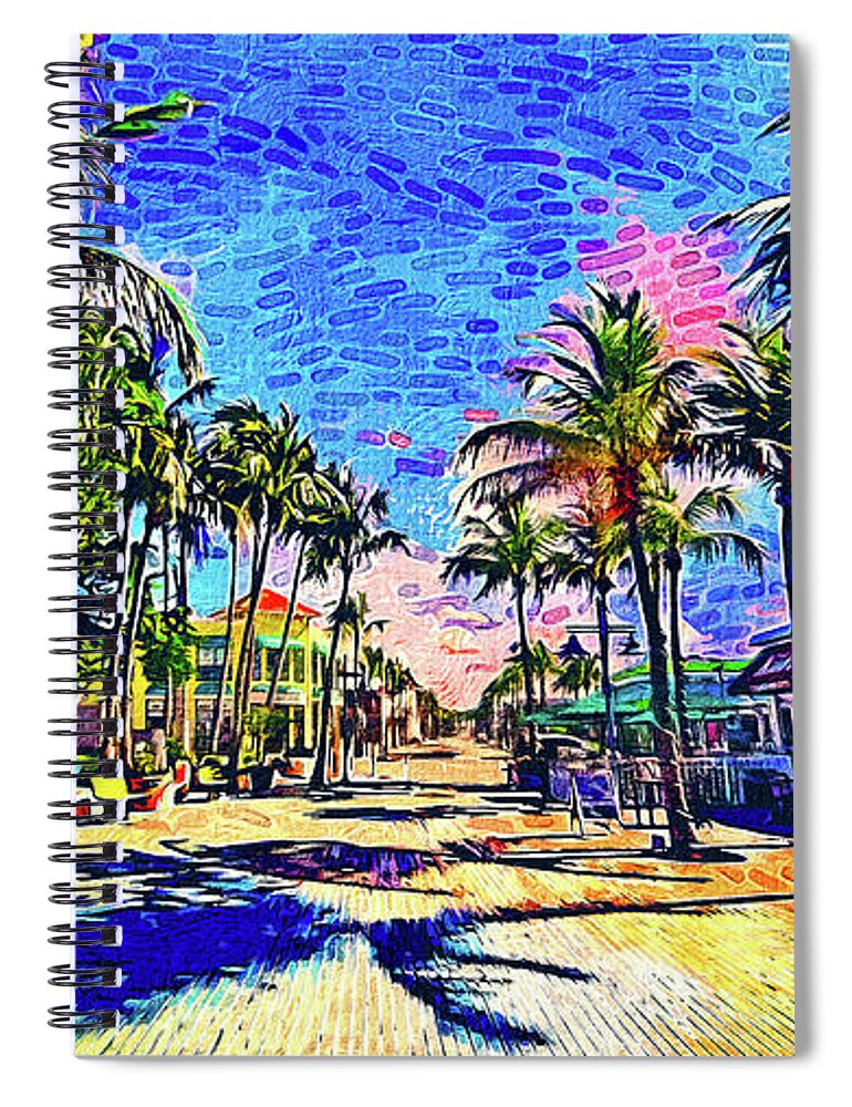 Fort Myers Spiral Notebook featuring the digital art Times Square, Fort Myers, at sunrise - impressionist painting by Nicko Prints