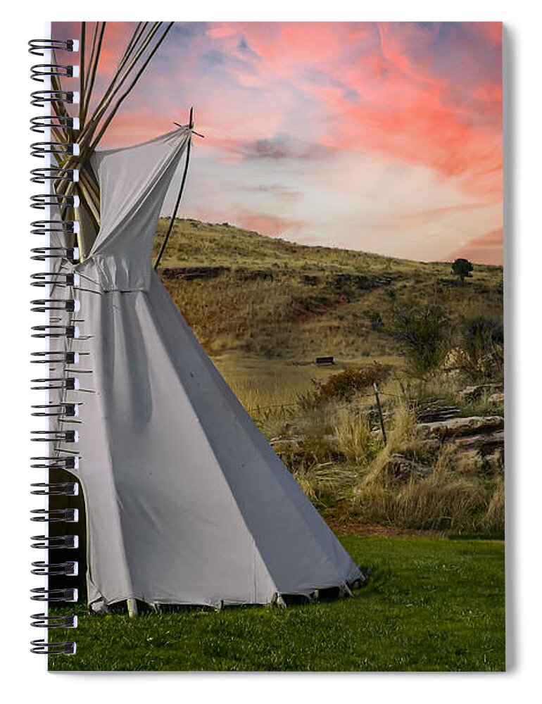 Native Temporary Housing Spiral Notebook featuring the photograph Tipi at Sunset by Laura Putman