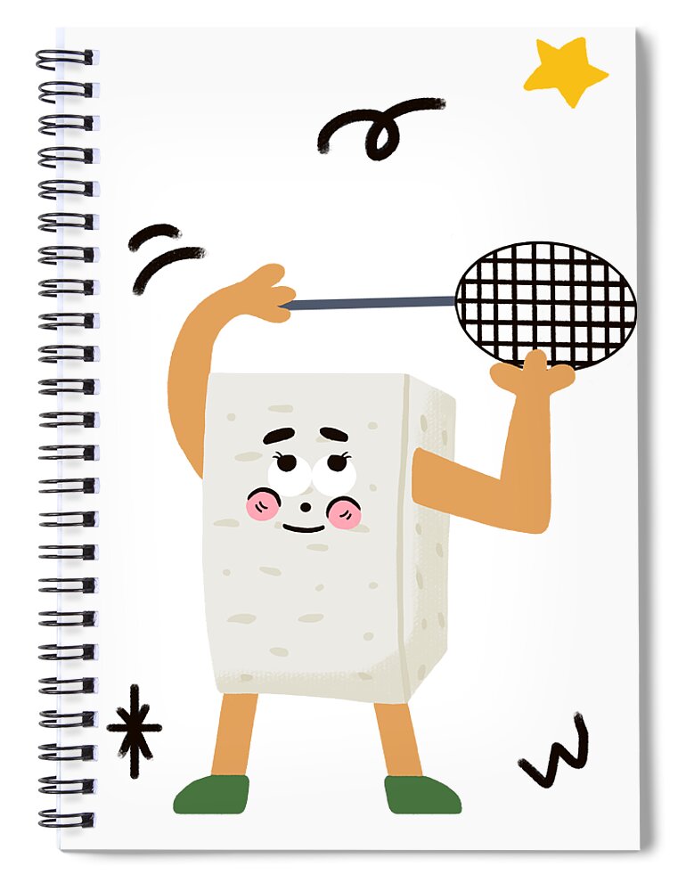 Tofu，bean Curd Spiral Notebook featuring the drawing Tofu loves playing badminton by Min Fen Zhu