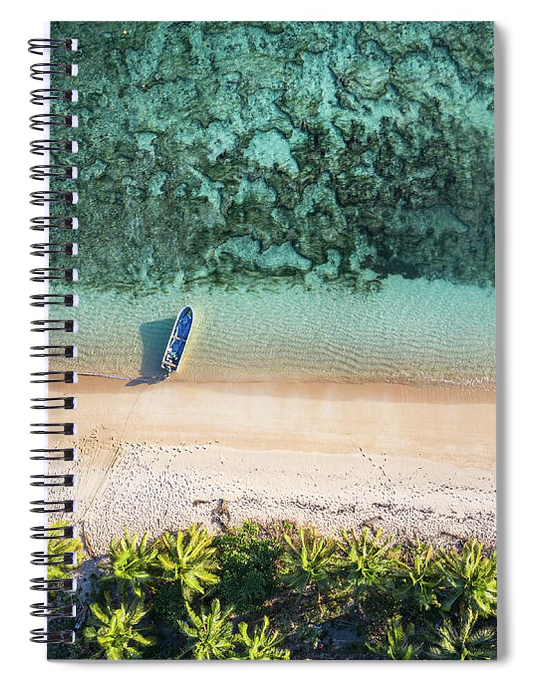 Fiji Spiral Notebook featuring the photograph Top down view of an idyllic island with a boat a coral reef in F by Didier Marti