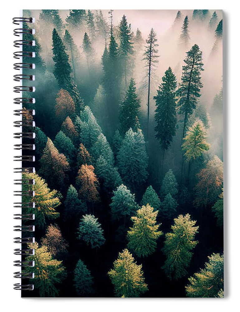 Pine Spiral Notebook featuring the photograph Top view of dark green forest landscape by Jelena Jovanovic