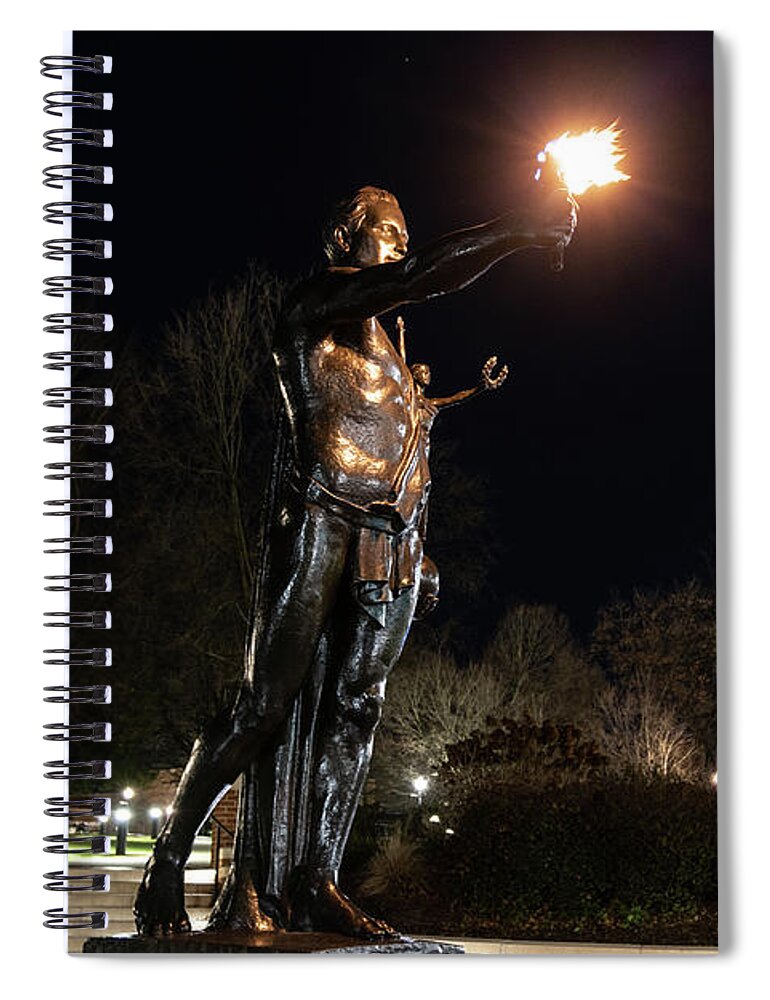 University Of Tennessee At Night Spiral Notebook featuring the photograph Torchbearer statue at the University of Tennessee at night by Eldon McGraw