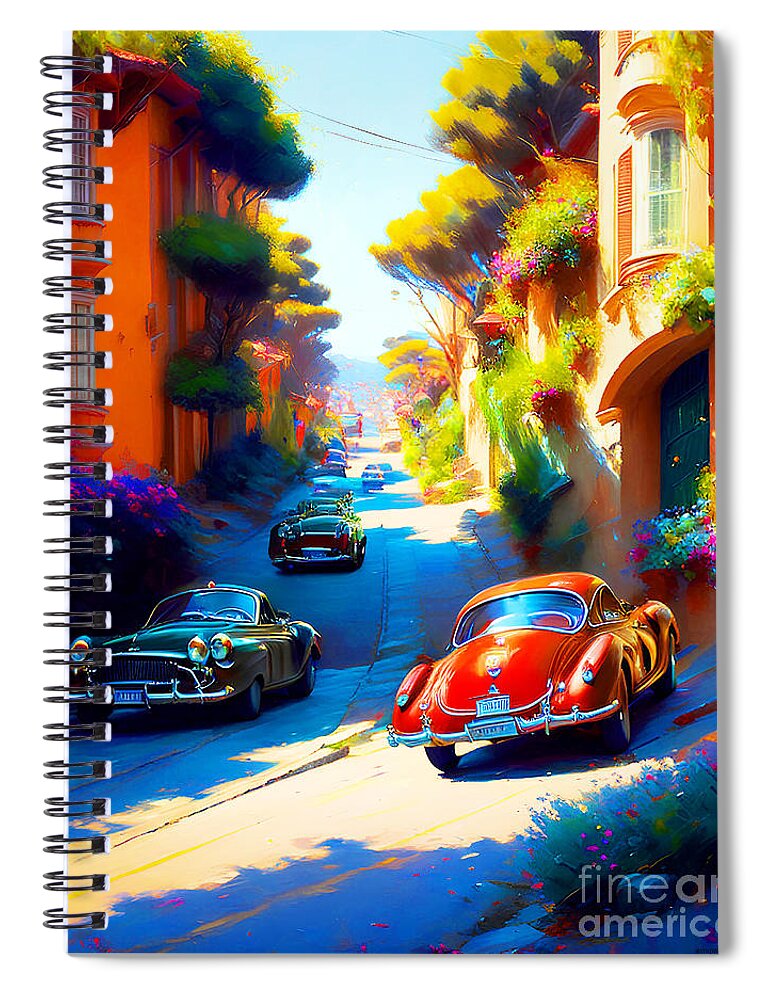 Wingsdomain Spiral Notebook featuring the mixed media Touring A Quaint Coastal Town In Classic Cars 20230111g by Wingsdomain Art and Photography