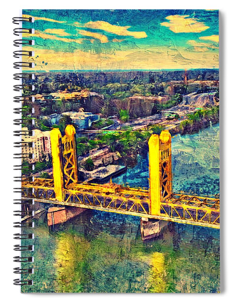 Tower Bridge Spiral Notebook featuring the digital art Tower Bridge over Sacramento River - digital painting by Nicko Prints