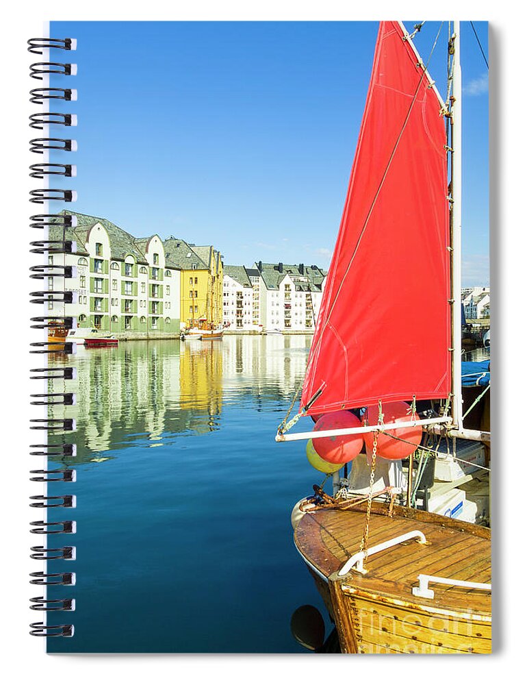 Alesund Spiral Notebook featuring the photograph Red sail on a Traditional fishing boat, Alesund, Norway by Neale And Judith Clark