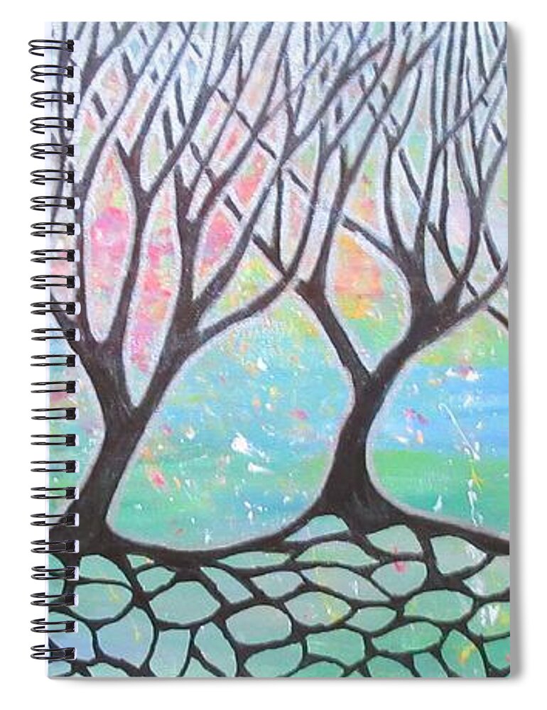 Tree Trees Abstract Landscape Green Lobby Mask Towel Decor Decrotive Woods Nature Pattern Spiral Notebook featuring the painting Tree Stand by Bradley Boug
