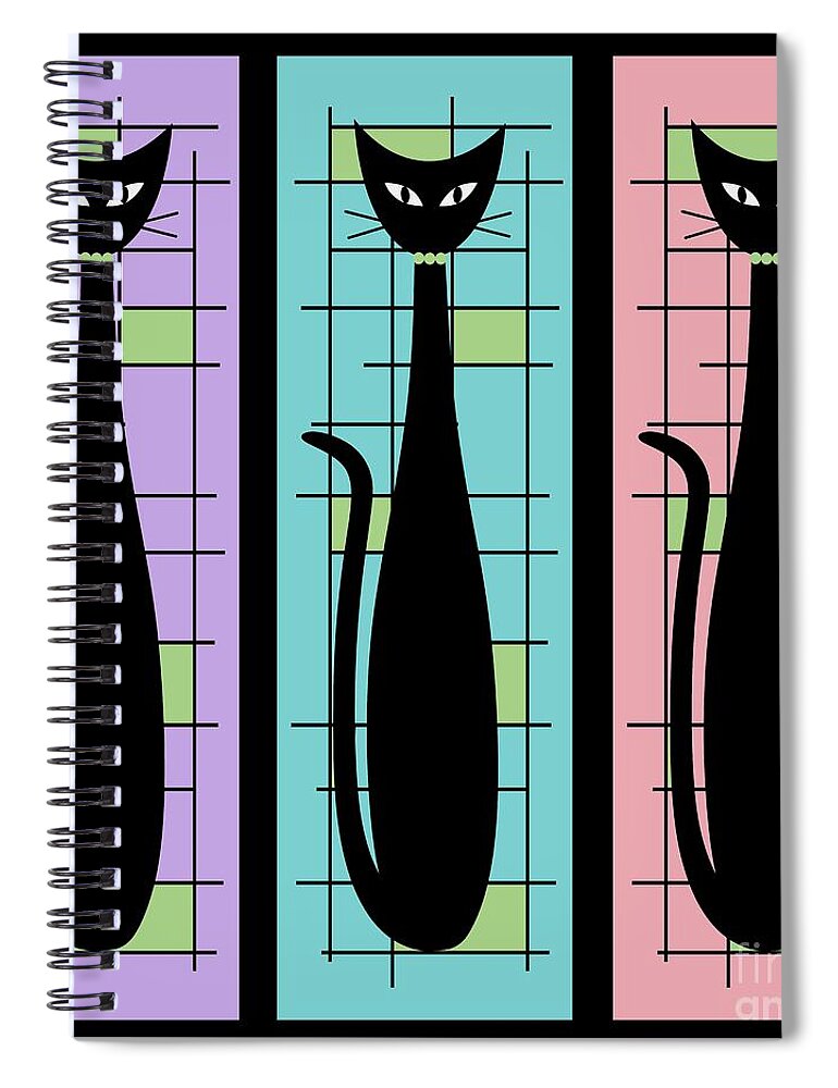 Mid Century Modern Spiral Notebook featuring the digital art Trio of Cats Purple, Blue and Pink on Black by Donna Mibus