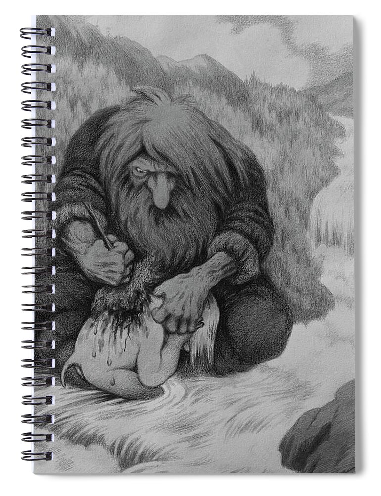 Theodor Kittelsen Spiral Notebook featuring the drawing Troll washing his child, 1905 by O Vaering by Theodor Kittelsen