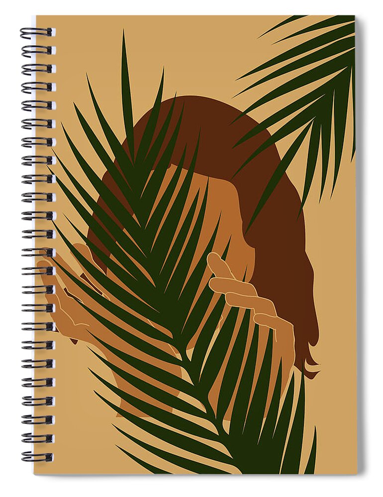Tropical Reverie Spiral Notebook featuring the mixed media Tropical Reverie - Modern Minimal Illustration 03 - Girl with palm leaf - Tropical Aesthetic - Brown by Studio Grafiikka