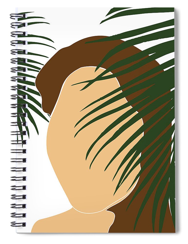 Tropical Spiral Notebook featuring the mixed media Tropical Reverie 7 - Modern, Minimal Illustration - Girl and Palm Leaves - Aesthetic Tropical Vibes by Studio Grafiikka