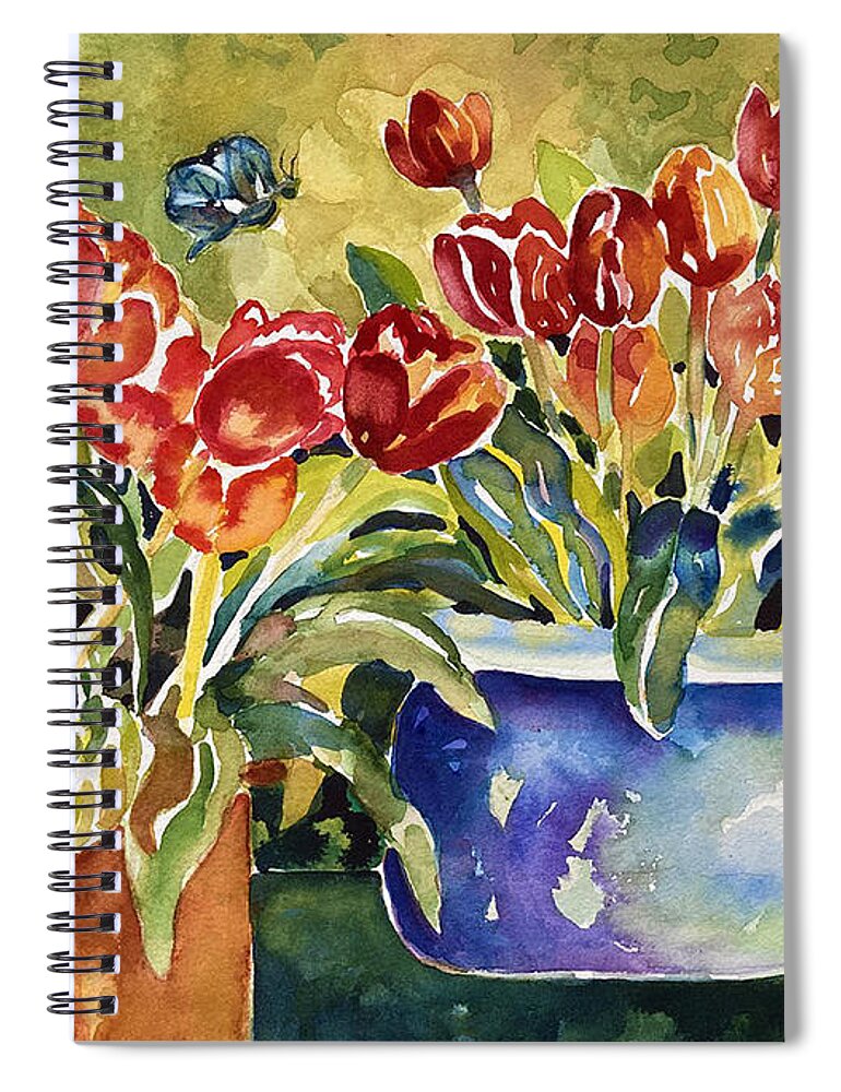 Red Tulips Spiral Notebook featuring the painting Tulips in Pots by Ann Nicholson