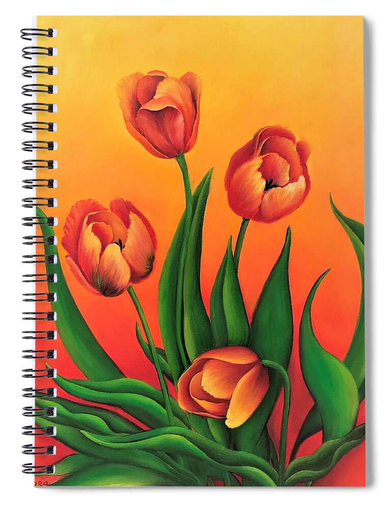  Tulips Oil Painting Original Art Picture Wall Art Painting Art For The Living Room Office Decor Gift Idea For Her Home Décor Art For Sale Flowers Red Flowers Bright Tulips Framed Art Spiral Notebook featuring the painting Tulips by Tanya Harr