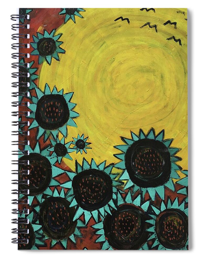 Sun Spiral Notebook featuring the painting Turquoise Sunflowers by Cyndie Katz