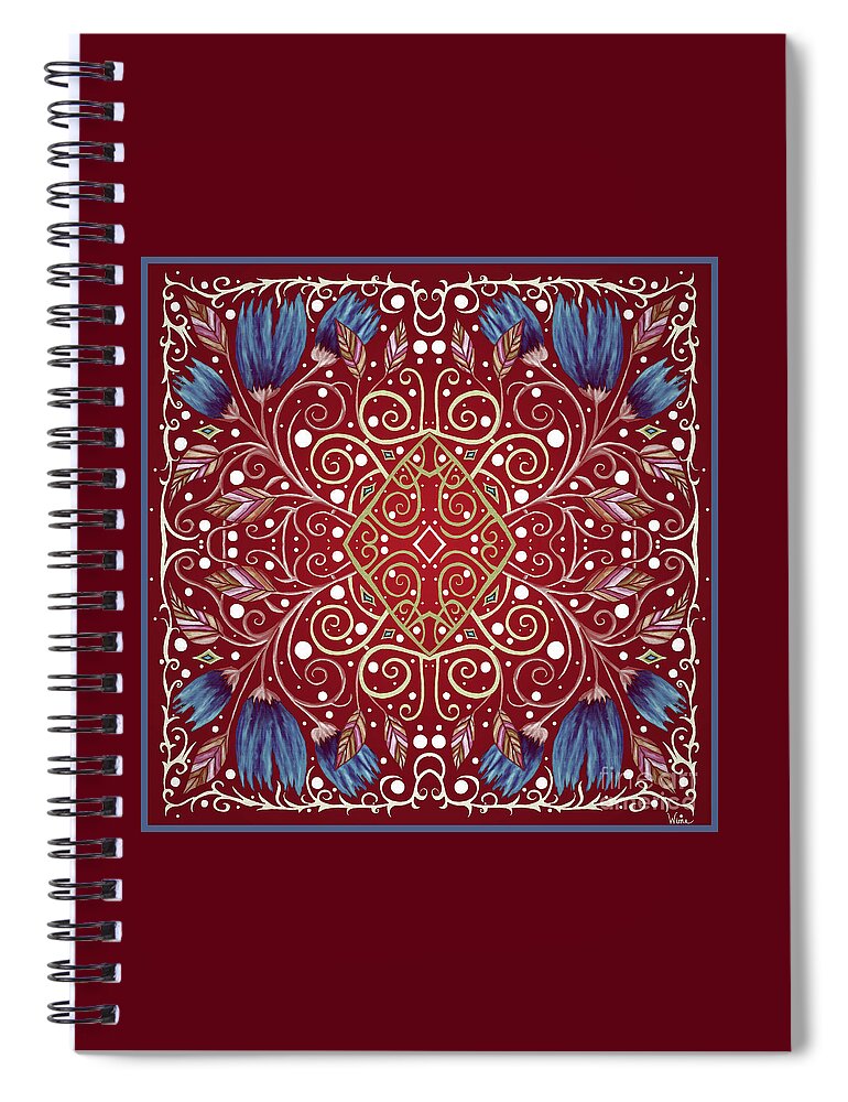 Dark Red Spiral Notebook featuring the tapestry - textile Twelve Blue Flowers with Leaves and Swirls on a Burgundy Red Background by Lise Winne