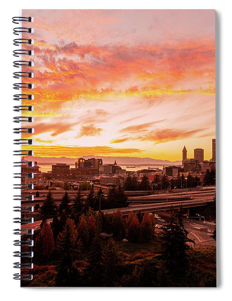Outdoor; Sunset; Twilight; Seattle; Elliot; Stadium; Lumen; Olympic Mountains; Downtown; Highway; Colors; Clouds; Autumn; Fall; Pacific North West; Spiral Notebook featuring the digital art Twilight Seattle from Dr. Jose Rizal Bridge by Michael Lee