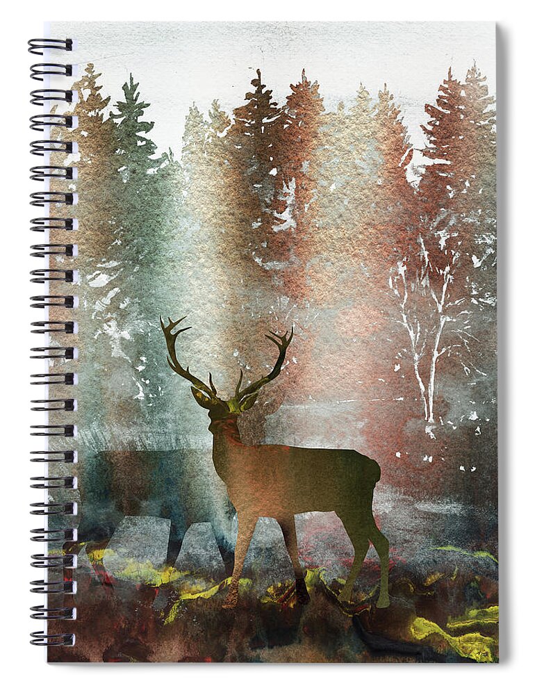Deer Spiral Notebook featuring the painting Two Deer Bucks In The Fall Forest Watercolor Silhouette by Irina Sztukowski