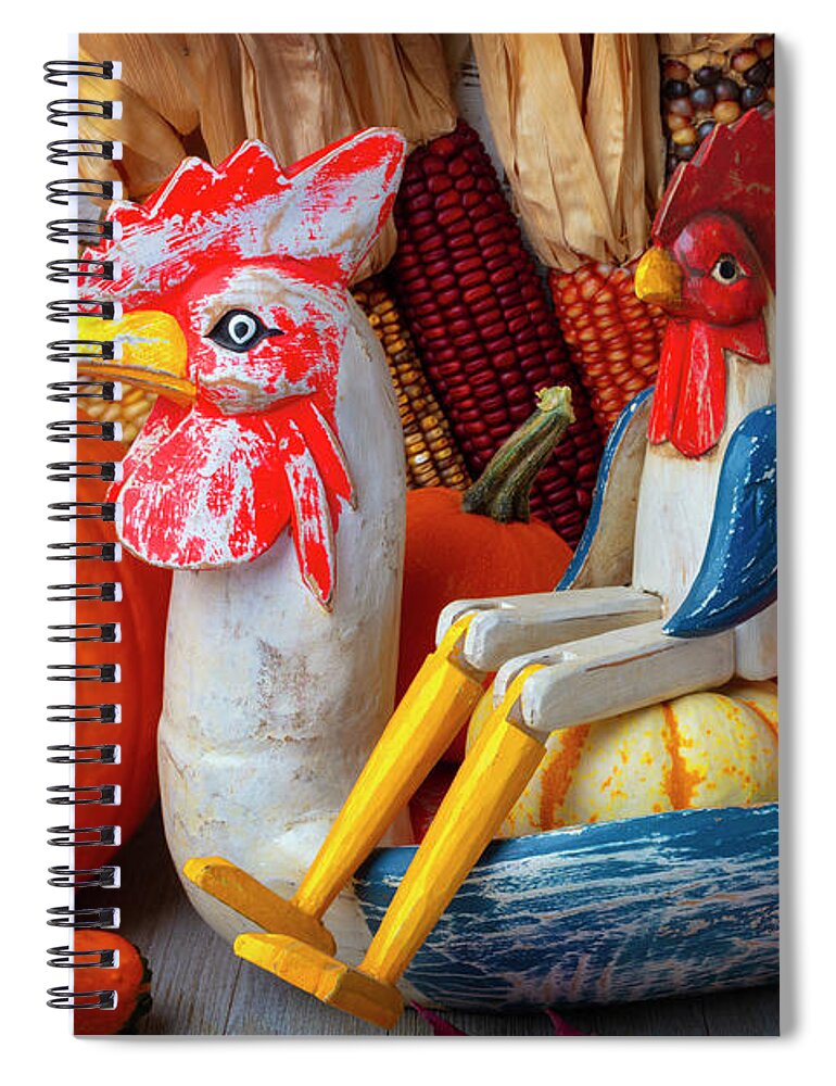 Pumpkins Spiral Notebook featuring the photograph Two Folk Art Roosters by Garry Gay