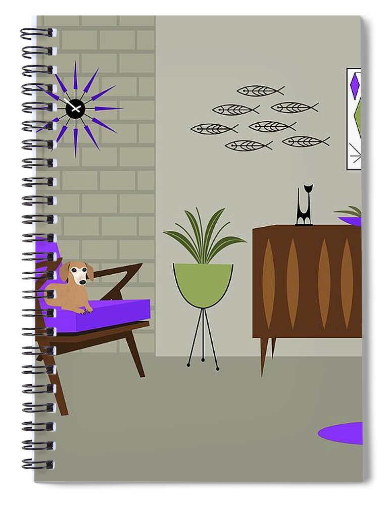 Mid Century Modern Dachshunds Spiral Notebook featuring the digital art Two Mid Century Dachshunds in Purple Room by Donna Mibus