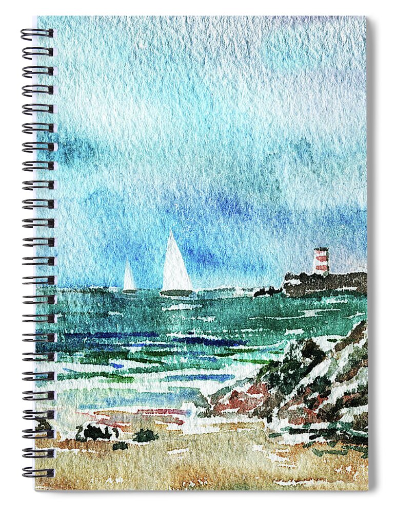 Sailboat Spiral Notebook featuring the painting Two Sailboats And Lighthouse In The Ocean Beach Art Watercolor by Irina Sztukowski