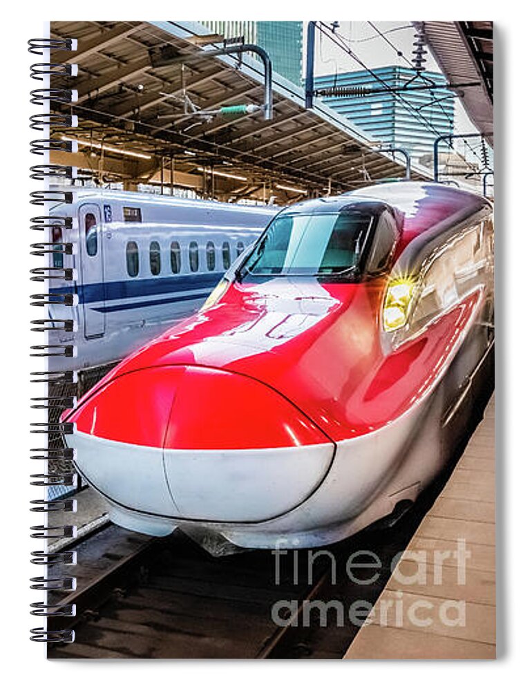 Shinkansen Spiral Notebook featuring the photograph Two Shinkansen at the Tokyo Station by Lyl Dil Creations