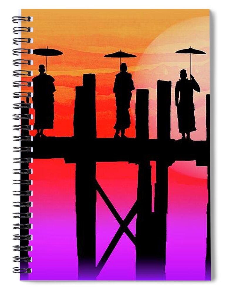 U Bein Bridge Spiral Notebook featuring the painting U Bein Bridge Monks by Simon Read