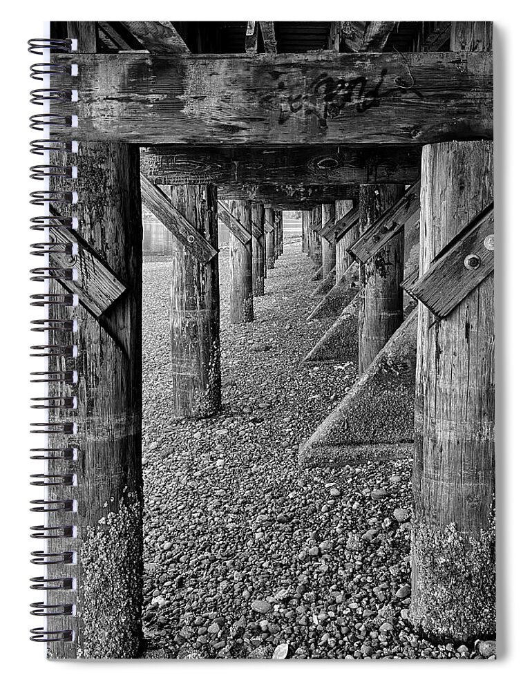 Black And White Spiral Notebook featuring the photograph Under the Poulsbo Boardwalk bw by Jerry Abbott