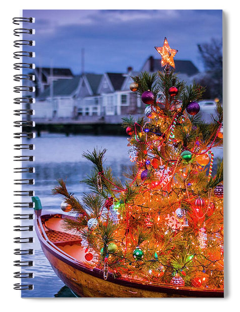 Atlantic Us Christmas Eastern Us Ma Massachusetts Nantucket Nantucket Town New England North America Rf Usa United States Boat Decoration Dory Northeast Northeastern Tree World Locations Spiral Notebook featuring the photograph USA, New England, Massachusetts, Nantucket Island, Nantucket Town, small dory with Christmas tree by Panoramic Images