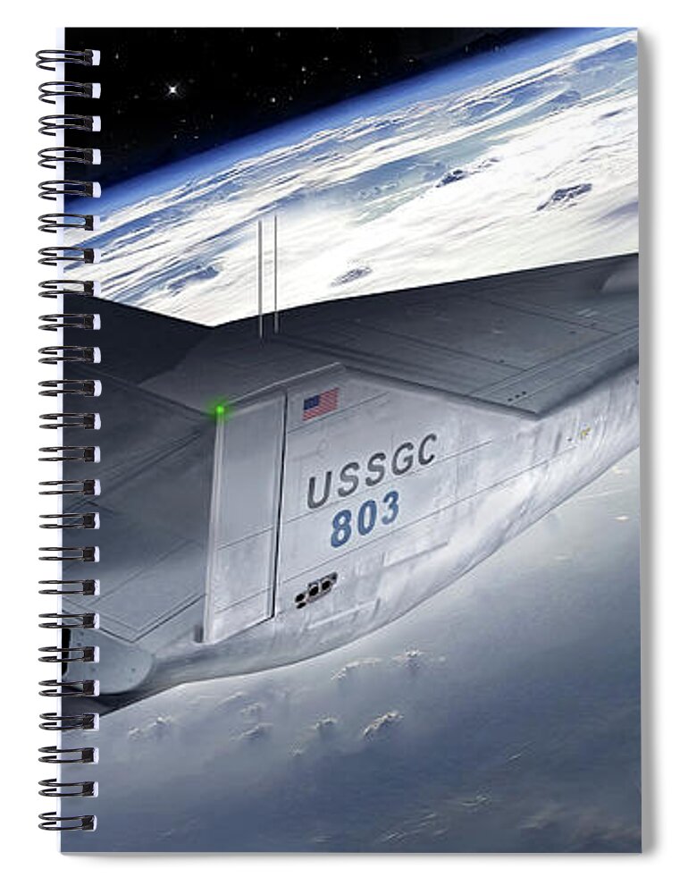 Aerospace Spiral Notebook featuring the digital art USCGC Vigilant in LEO by James Vaughan