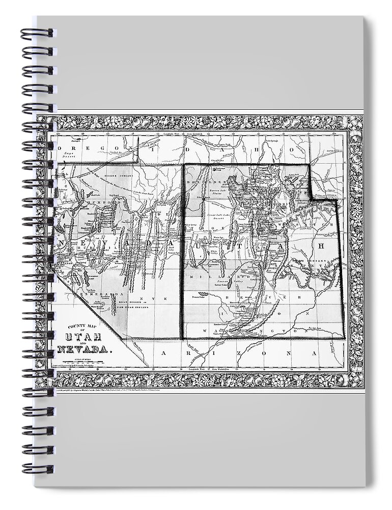 Utah Spiral Notebook featuring the photograph Utah and Nevada Vintage County Map 1865 Black and White by Carol Japp