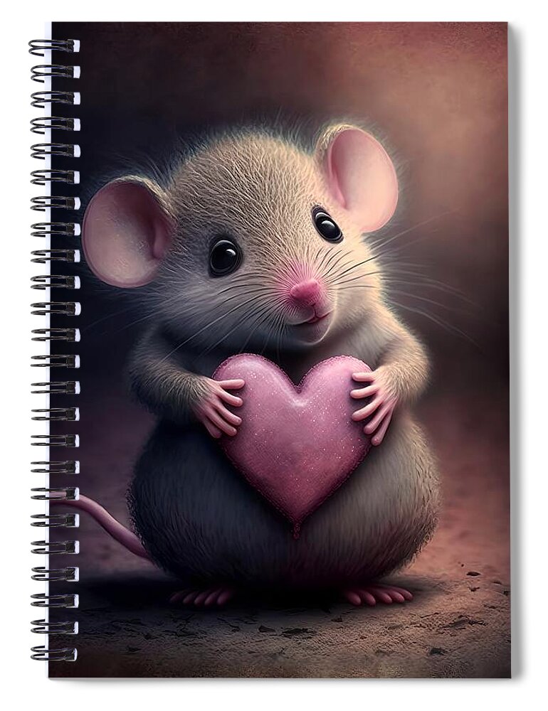 Mouse With Heart Spiral Notebook featuring the mixed media Valentine Mouse 0 by Lilia S
