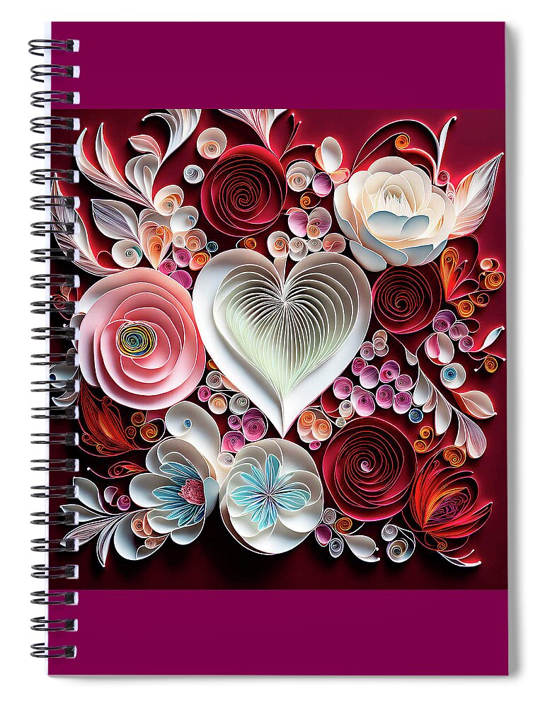 Valentines Spiral Notebook featuring the digital art Valentines Day Hearts and Flowers by Peggy Collins