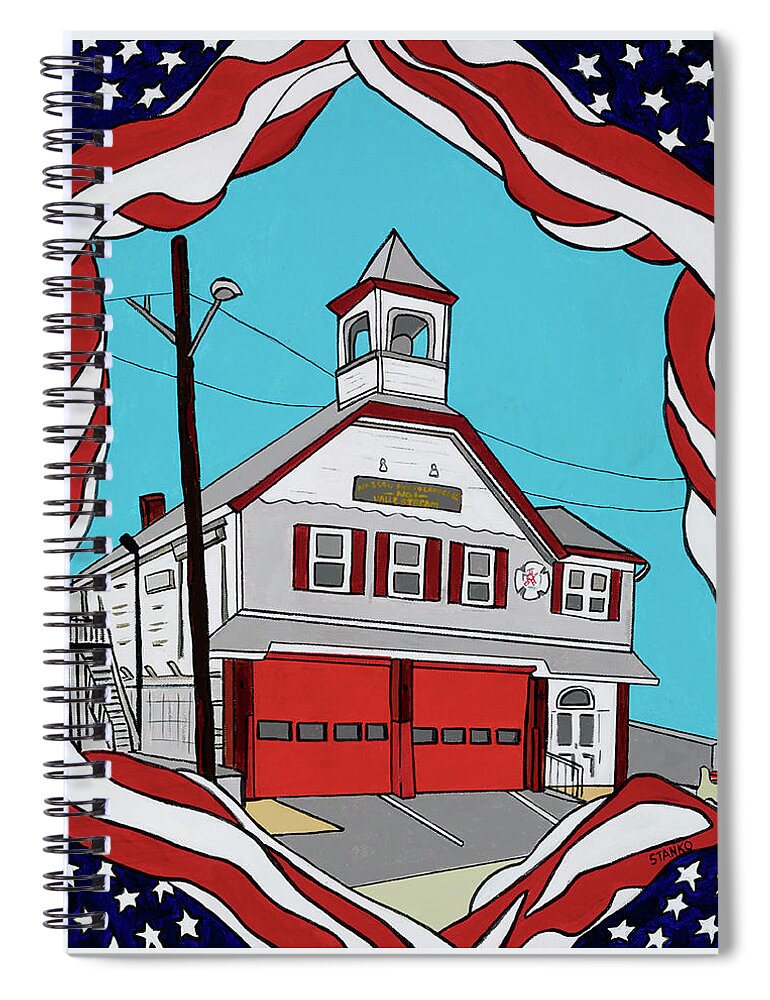 Valley Stream Fire House Fire Dept. Spiral Notebook featuring the painting Valley Stream Corona Ave. Fire House by Mike Stanko